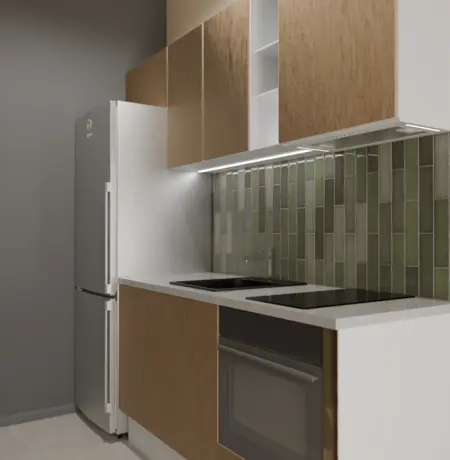 Wnętrze kuchni w stylu soft minimalizm z drewnianymi meblami i zieloną płytką.