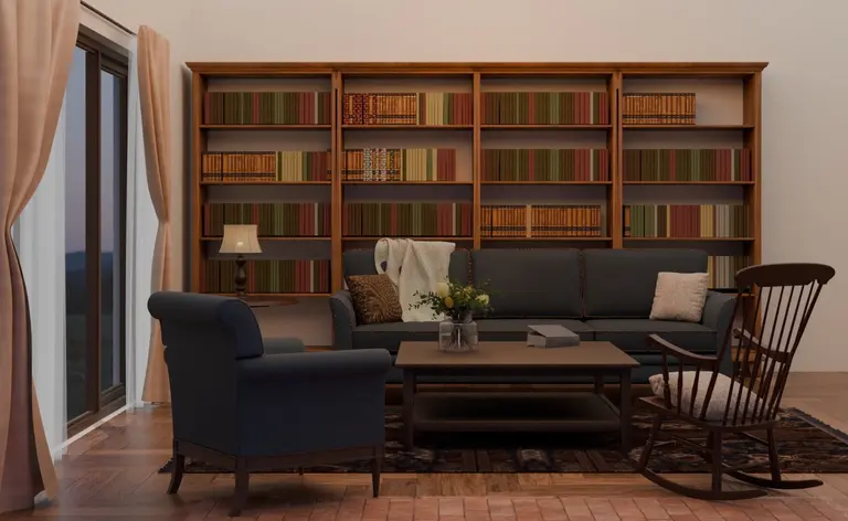 Wnętrze salonu w stylu rustykalnym, tradycyjnym i vintage z niebieską sofą i brązową biblioteką.