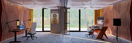 Eklektyczne biuro z drewnianą ścianą, minimalistycznym biurkiem i jasnymi zasłonami.