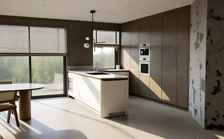 Nowoczesna kuchnia z białą wyspą i drewnianymi akcentami, minimalistyczny design, quiet luxury.