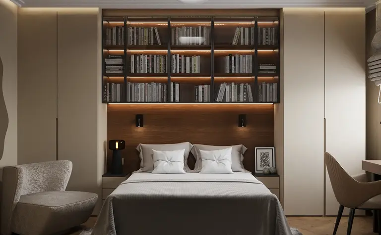 Sypialnia z minimalistycznym wystrojem, nowoczesnym łóżkiem i współczesną biblioteczką.