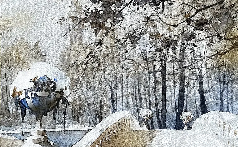 Zimowy pejzaż z mostem, drzewami i śniegiem w stylu art deco, glamour i vintage.