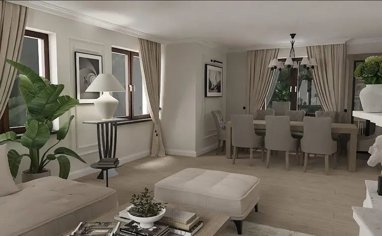 Wnętrze jadalni z beżowymi meblami i zielonymi roślinami w stylu quiet luxury.