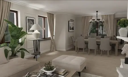 Wnętrze jadalni z beżowymi meblami i zielonymi roślinami w stylu quiet luxury.