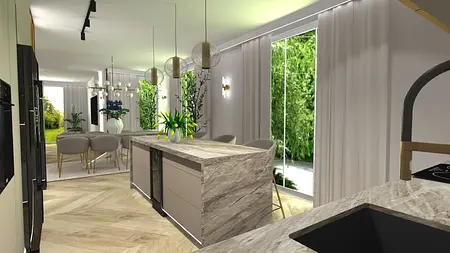 Nowoczesna kuchnia glamour z wyspą, drewnianą podłogą i dużymi oknami.