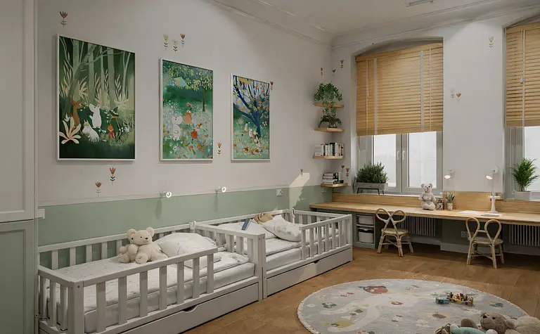 Pokój dziecięcy w stylu dopamine decor, eklektycznym i skandynawskim z łóżkami i biurkiem.