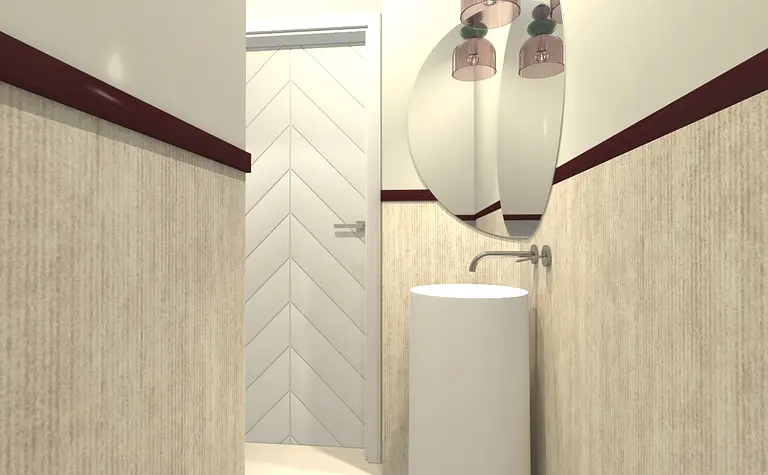 Toaleta z białą umywalką, lustrem oraz beżowymi ścianami w stylu eklektycznym.