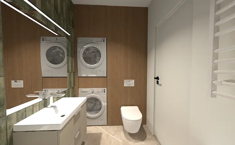 Współczesna łazienka z pralką, drewnianymi elementami i nowoczesnym umywalką.