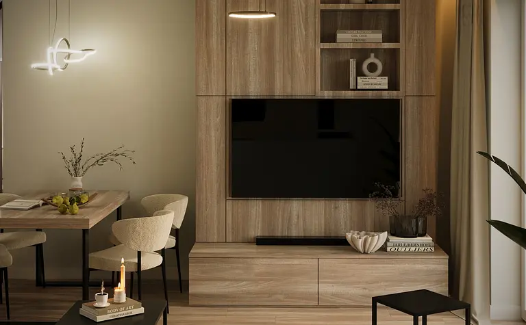 Salon z minimalistycznym wystrojem, drewniana ściana, nowoczesne oświetlenie.