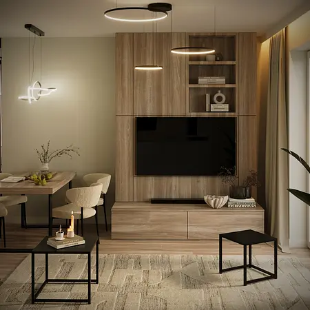 Salon z minimalistycznym wystrojem, drewniana ściana, nowoczesne oświetlenie.