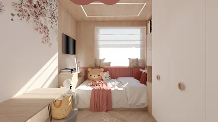 Pokój dziecięcy w stylu boho z elementami japandi i nowoczesnymi detalami.