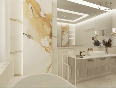Wnętrze łazienki w stylu art deco, glamour i minimalistycznym z marmurem.