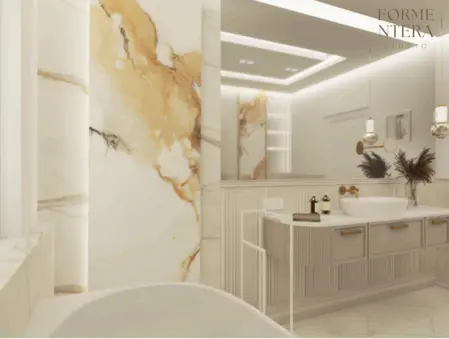 Wnętrze łazienki w stylu art deco, glamour i minimalistycznym z marmurem.