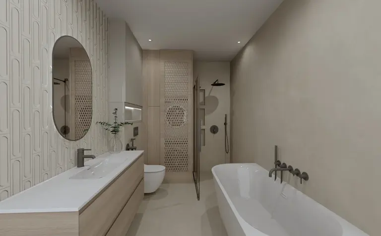 Nowoczesna łazienka z drewnianą szafką, wanną i minimalistycznym designem.