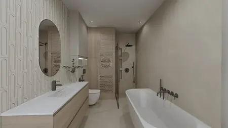Nowoczesna łazienka z drewnianą szafką, wanną i minimalistycznym designem.