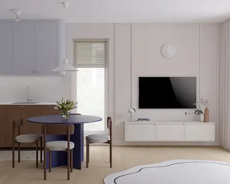 Wnętrze kuchni w stylu japandi z minimalistycznym stołem i nowoczesnymi akcentami.