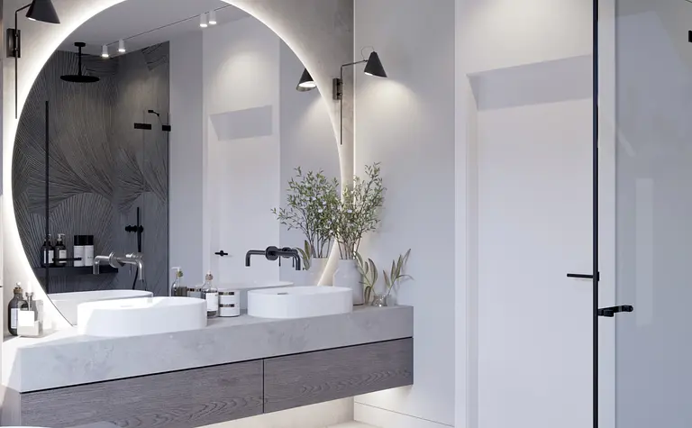 Nowoczesna łazienka z dużym lustrem i minimalistycznymi akcesoriami