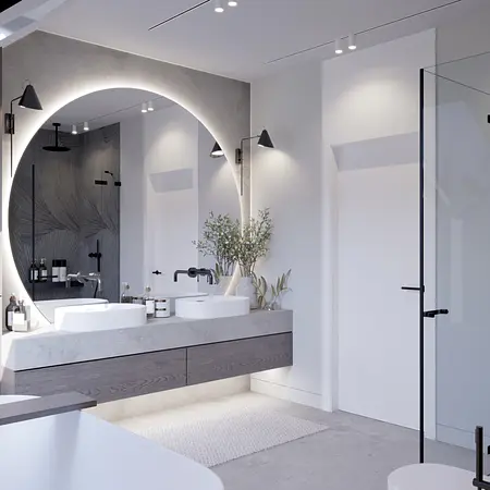 Nowoczesna łazienka z dużym lustrem i minimalistycznymi akcesoriami