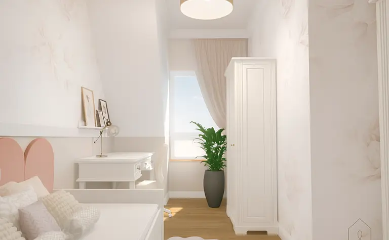 Wnętrze pokoju z białymi meblami, skandynawskimi dodatkami i minimalistycznym wystrojem.