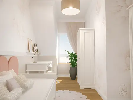 Wnętrze pokoju z białymi meblami, skandynawskimi dodatkami i minimalistycznym wystrojem.