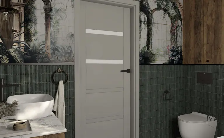 Wnętrze łazienki w stylu art deco, boho i minimaluxe z zielonymi płytkami i drewnianymi akcentami.