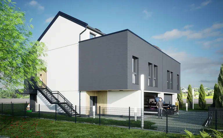 Zewnętrzny widok nowoczesnego budynku z eklektycznymi i industrialnymi elementami.