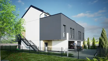 Zewnętrzny widok nowoczesnego budynku z eklektycznymi i industrialnymi elementami.
