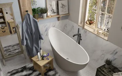 Wnętrze łazienki z wanną, drewnianymi meblami i roślinami w stylach boho, prowansalskim, rustykalnym.