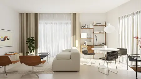 Wnętrze salonu w stylu nowoczesnym, soft minimalizm i vintage z białą sofą i drewnianymi detalami.
