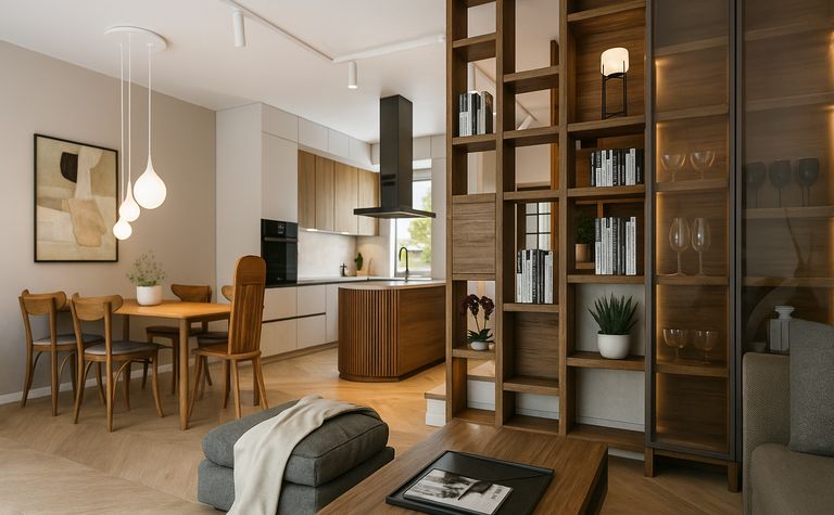 Wnętrze kuchni z elementami boho, japandi i nowoczesnymi akcentami.