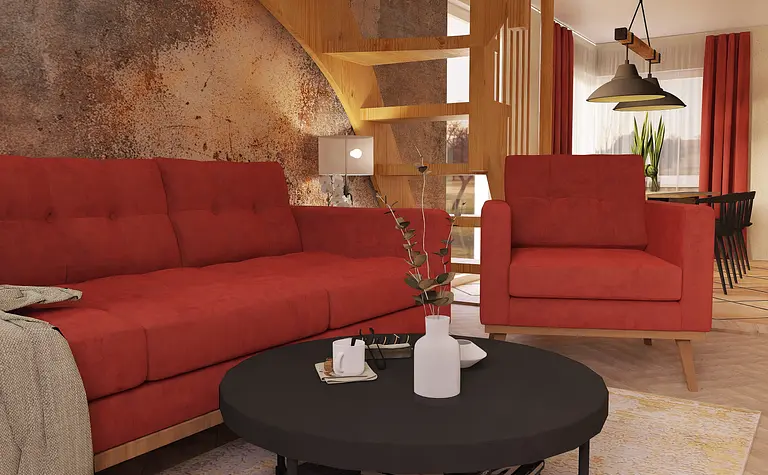 Wnętrze salonu z czerwonymi meblami, drewnianymi elementami i nowoczesnym oświetleniem.