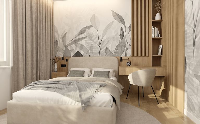 Wnętrze sypialni z szarymi zasłonami, drewnianym biurkiem oraz minimalistycznymi dekoracjami.
