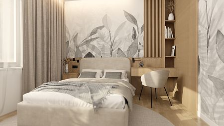 Wnętrze sypialni z szarymi zasłonami, drewnianym biurkiem oraz minimalistycznymi dekoracjami.