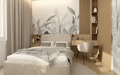 Wnętrze sypialni z szarymi zasłonami, drewnianym biurkiem oraz minimalistycznymi dekoracjami.