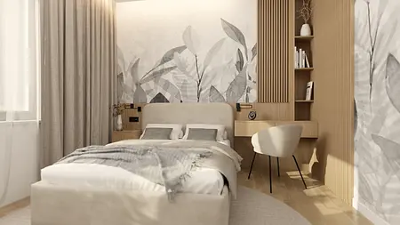 Wnętrze sypialni z szarymi zasłonami, drewnianym biurkiem oraz minimalistycznymi dekoracjami.