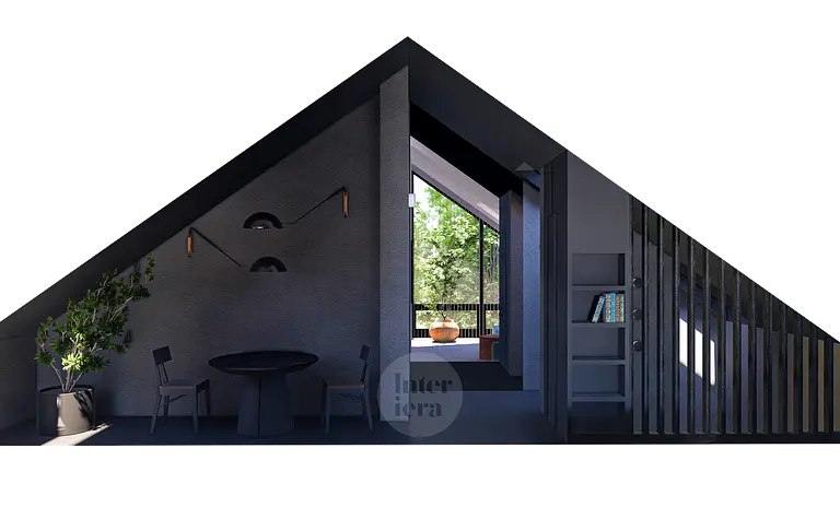 Wnętrze poddasza w stylu eklektycznym, japandi i minimalistycznym z ciemnym stołem i rośliną.