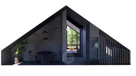 Wnętrze poddasza w stylu eklektycznym, japandi i minimalistycznym z ciemnym stołem i rośliną.