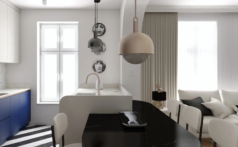 Wnętrze kuchni w stylu art deco i nowoczesnym z niebieskimi meblami i białym blatem.