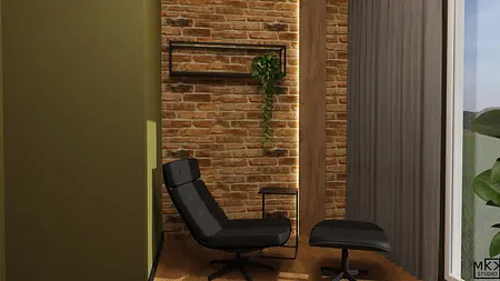 Wnętrze z industrialnym akcentem, ceglana ściana, nowoczesne meble i roślinność.