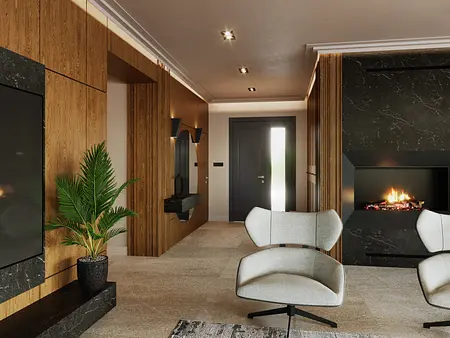Wnętrze z kominkiem, drewnianymi ścianami i stylowymi meblami minimaluxe, nowoczesny, quiet luxury, współczesny.