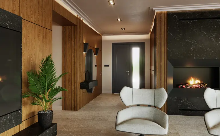 Wnętrze z kominkiem, drewnianymi ścianami i stylowymi meblami minimaluxe, nowoczesny, quiet luxury, współczesny.