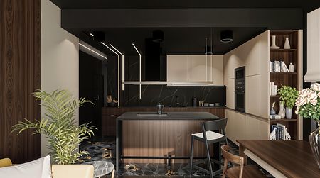 Wnętrze kuchni z drewnianymi meblami, czarnymi detalami i roślinami w stylu industrialnym, nowoczesnym, współczesnym.