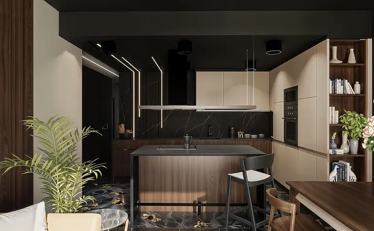 Wnętrze kuchni z drewnianymi meblami, czarnymi detalami i roślinami w stylu industrialnym, nowoczesnym, współczesnym.