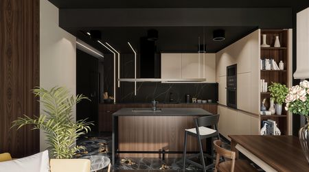 Wnętrze kuchni z drewnianymi meblami, czarnymi detalami i roślinami w stylu industrialnym, nowoczesnym, współczesnym.