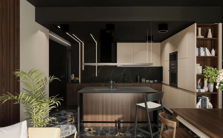 Wnętrze kuchni z drewnianymi meblami, czarnymi detalami i roślinami w stylu industrialnym, nowoczesnym, współczesnym.