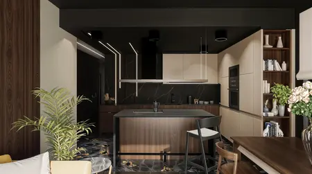Wnętrze kuchni z drewnianymi meblami, czarnymi detalami i roślinami w stylu industrialnym, nowoczesnym, współczesnym.