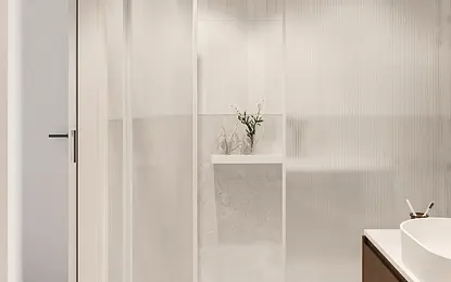 Nowoczesna łazienka z białą kabiną prysznicową, minimalistycznym wykończeniem, styl art deco, vintage.