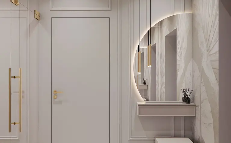 Nowoczesny przedpokój w stylu minimaluxe z lustrem i subtelnymi detalami.