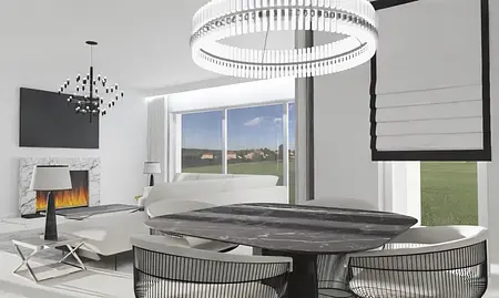 Wnętrze salonu z kominkiem, nowoczesnymi i glamour meblami, w stylu quiet luxury.