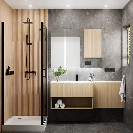 Nowoczesna łazienka z drewnianymi i szarymi elementami, minimalistyczny design